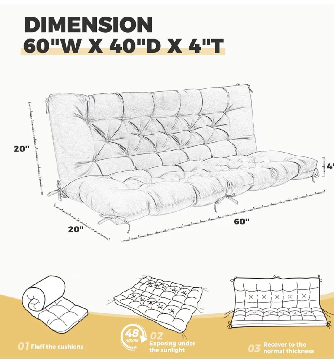 Porch Swing Cushions, Waterproof Swing Cushions Replacement with Backrest, Outdoor Swing Bench Cushions 2-3 Seater Replacement for Patio Furniture (Khaki, 60''×40'')