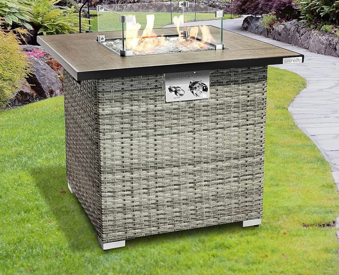 Propane Fire Pit Table, 50000 BTU CSA/ETL Certified Safe Gas Table with Sturdy Wicker Base, Stainless Steel Burner, Glass Wind Guard & Cover, Outdoor Fireplaces for Parties