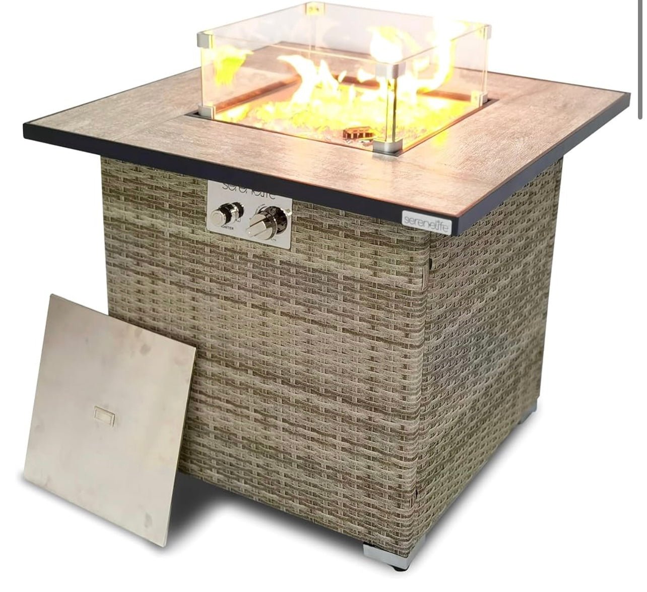 Propane Fire Pit Table, 50000 BTU CSA/ETL Certified Safe Gas Table with Sturdy Wicker Base, Stainless Steel Burner, Glass Wind Guard & Cover, Outdoor Fireplaces for Parties