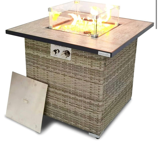 Propane Fire Pit Table, 50000 BTU CSA/ETL Certified Safe Gas Table with Sturdy Wicker Base, Stainless Steel Burner, Glass Wind Guard & Cover, Outdoor Fireplaces for Parties