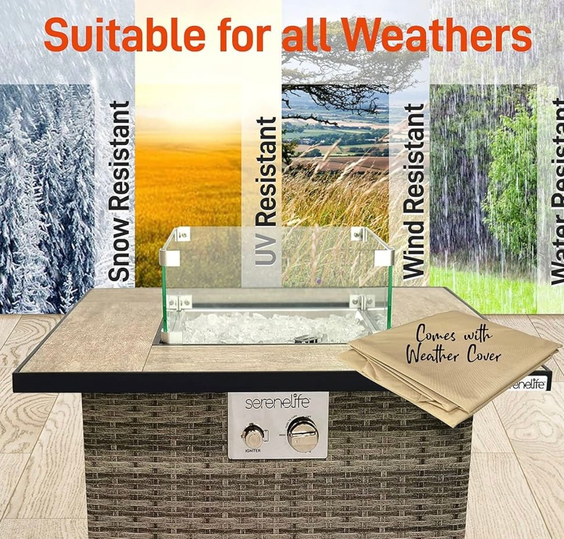 Propane Fire Pit Table, 50000 BTU CSA/ETL Certified Safe Gas Table with Sturdy Wicker Base, Stainless Steel Burner, Glass Wind Guard & Cover, Outdoor Fireplaces for Parties