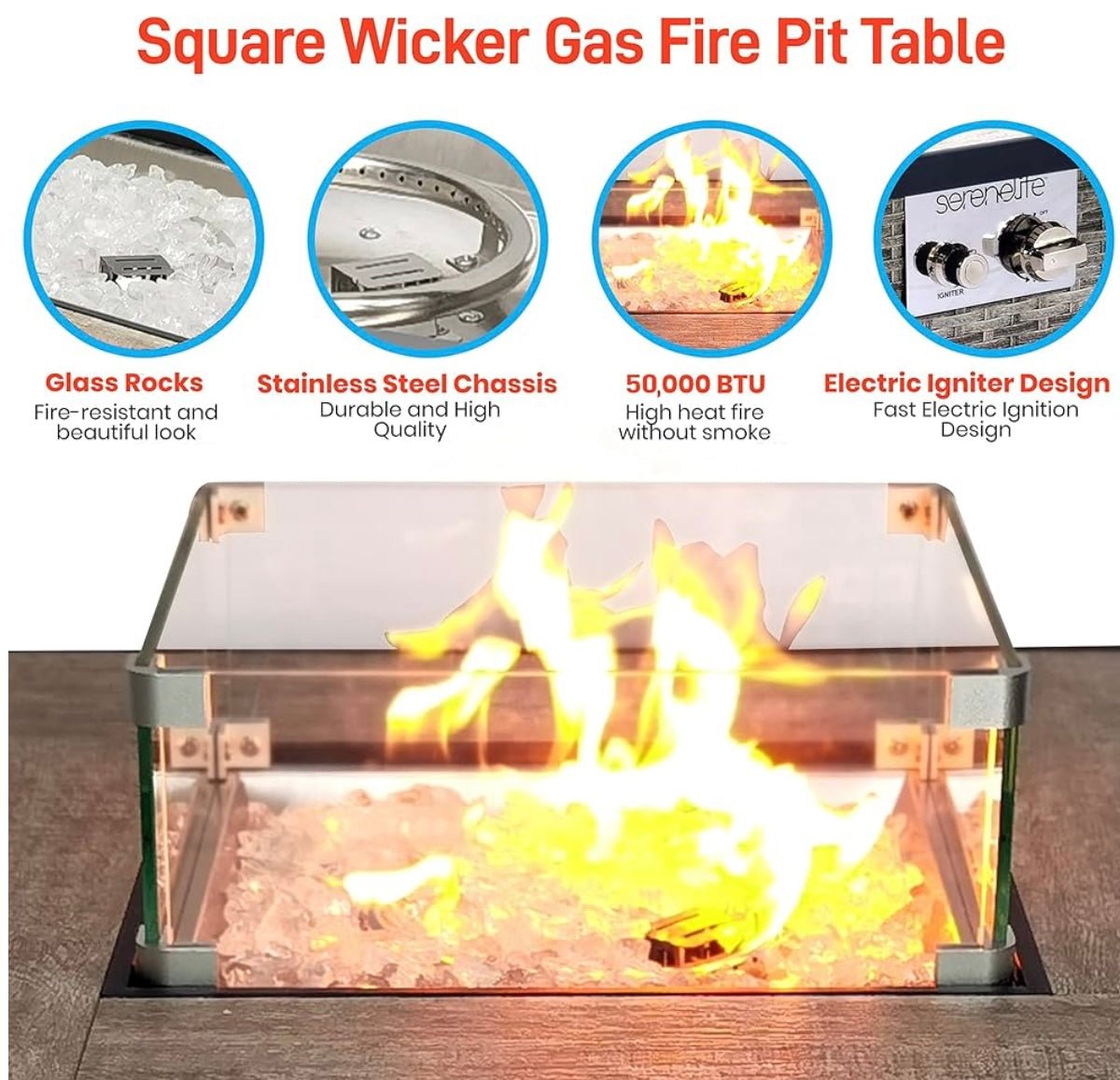 Propane Fire Pit Table, 50000 BTU CSA/ETL Certified Safe Gas Table with Sturdy Wicker Base, Stainless Steel Burner, Glass Wind Guard & Cover, Outdoor Fireplaces for Parties