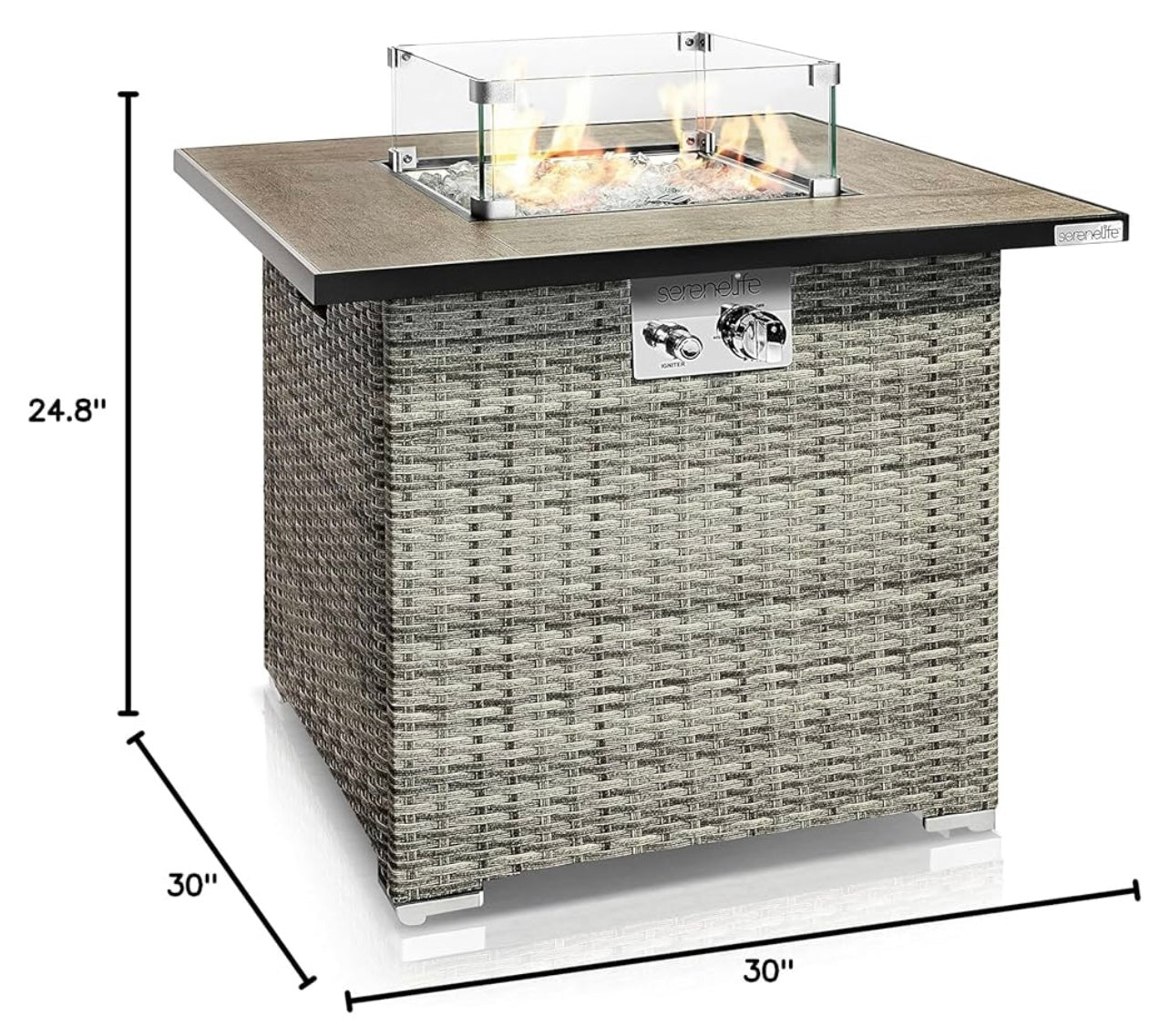 Propane Fire Pit Table, 50000 BTU CSA/ETL Certified Safe Gas Table with Sturdy Wicker Base, Stainless Steel Burner, Glass Wind Guard & Cover, Outdoor Fireplaces for Parties
