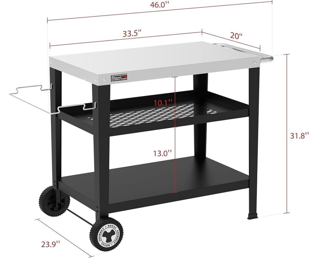 Royal Gourmet PC3404S Rolling Dining Table with Trash Bag Holder, Outdoor Garden Patio BBQ Kitchen Food Prep Table Cart, 34"L x 20"W Stainless Steel Tabletop, Silver & Black