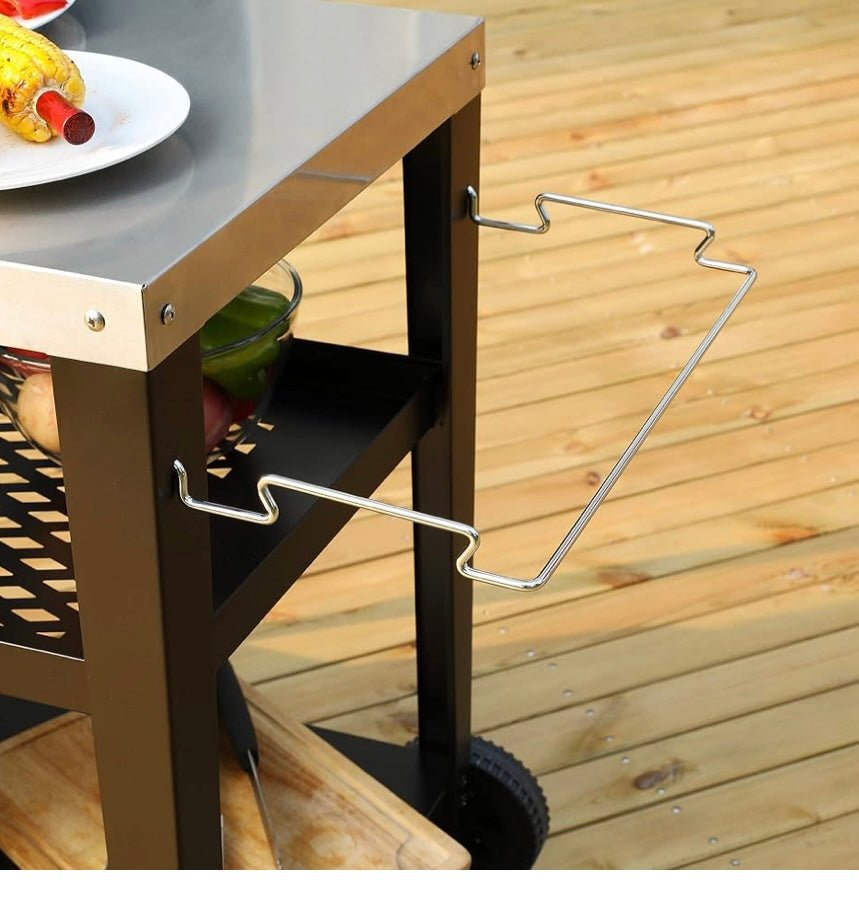 Royal Gourmet PC3404S Rolling Dining Table with Trash Bag Holder, Outdoor Garden Patio BBQ Kitchen Food Prep Table Cart, 34"L x 20"W Stainless Steel Tabletop, Silver & Black