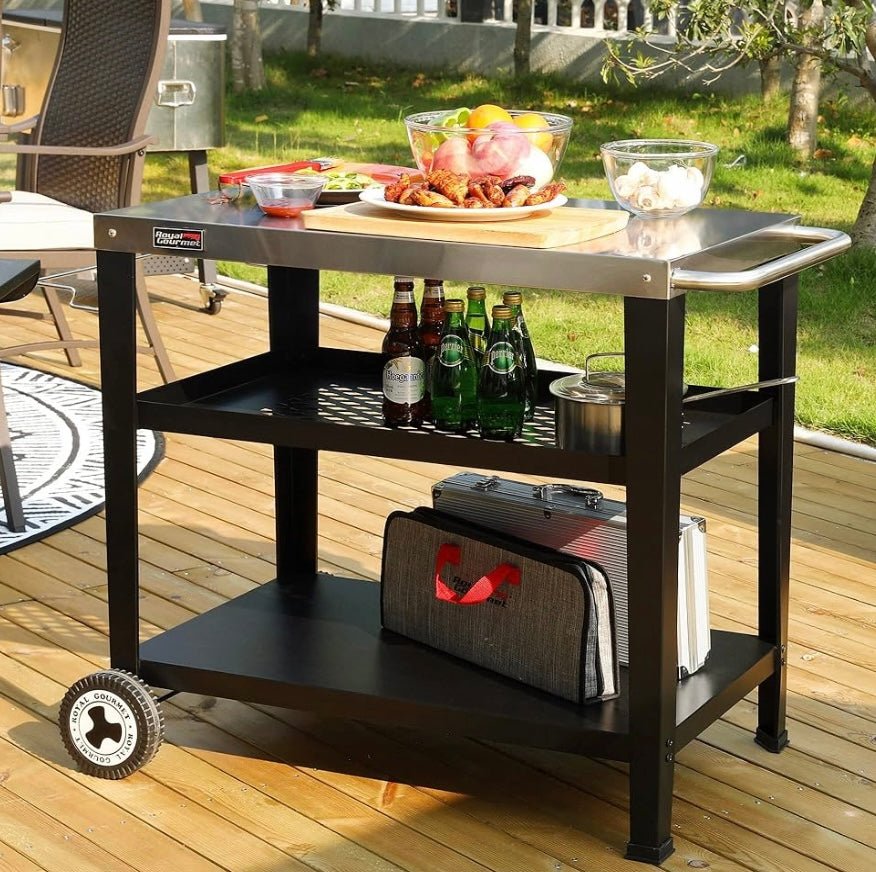 Royal Gourmet PC3404S Rolling Dining Table with Trash Bag Holder, Outdoor Garden Patio BBQ Kitchen Food Prep Table Cart, 34"L x 20"W Stainless Steel Tabletop, Silver & Black