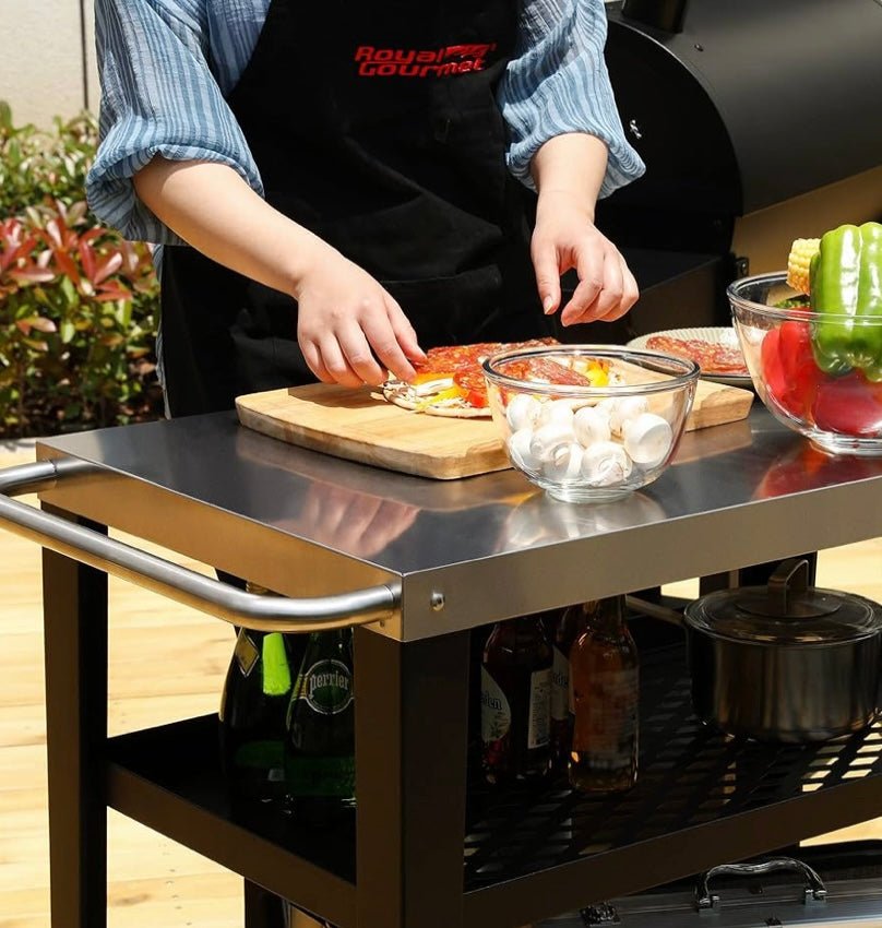 Royal Gourmet PC3404S Rolling Dining Table with Trash Bag Holder, Outdoor Garden Patio BBQ Kitchen Food Prep Table Cart, 34"L x 20"W Stainless Steel Tabletop, Silver & Black