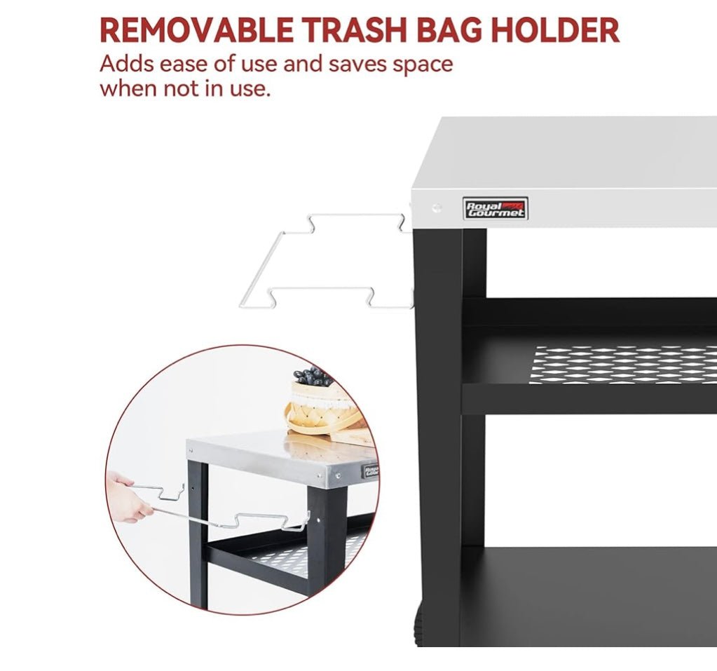 Royal Gourmet PC3404S Rolling Dining Table with Trash Bag Holder, Outdoor Garden Patio BBQ Kitchen Food Prep Table Cart, 34"L x 20"W Stainless Steel Tabletop, Silver & Black