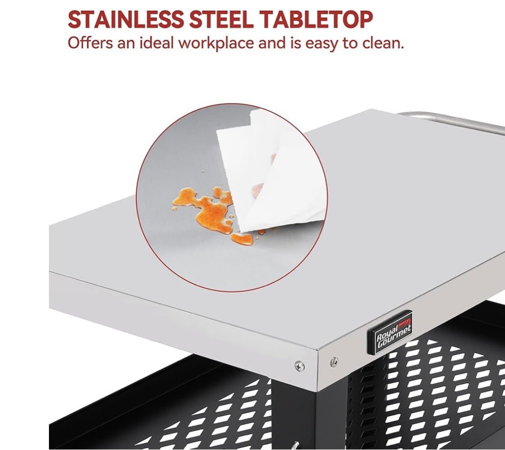 Royal Gourmet PC3404S Rolling Dining Table with Trash Bag Holder, Outdoor Garden Patio BBQ Kitchen Food Prep Table Cart, 34"L x 20"W Stainless Steel Tabletop, Silver & Black