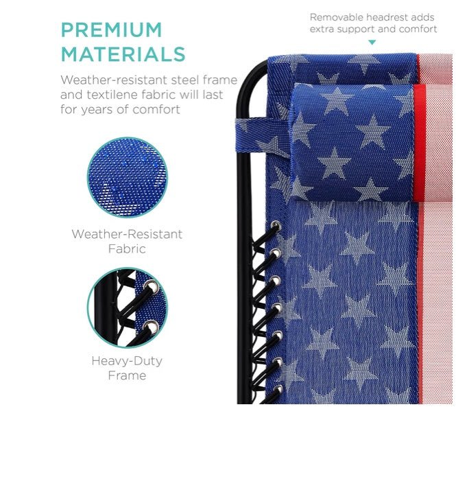Set of 2 Adjustable Steel Mesh Zero Gravity Lounge Chair Recliners w/Pillows and Cup Holder Trays - American Flag