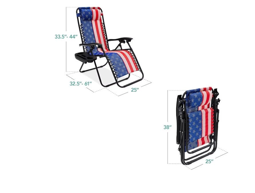Set of 2 Adjustable Steel Mesh Zero Gravity Lounge Chair Recliners w/Pillows and Cup Holder Trays - American Flag