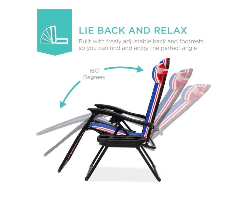 Set of 2 Adjustable Steel Mesh Zero Gravity Lounge Chair Recliners w/Pillows and Cup Holder Trays - American Flag
