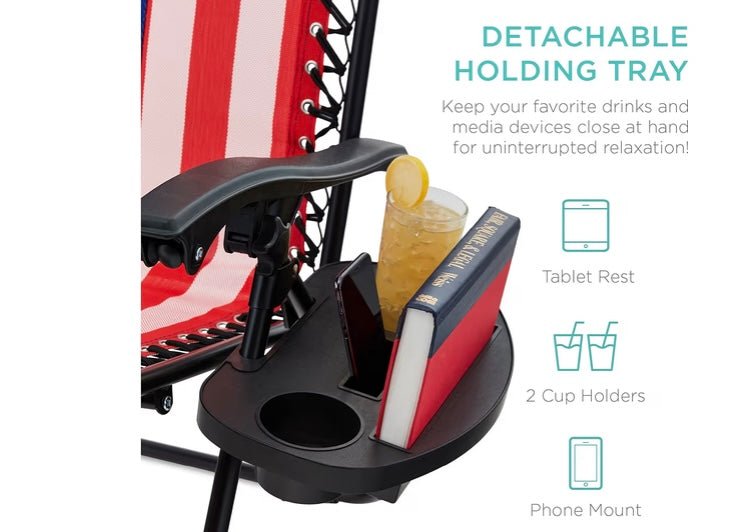 Set of 2 Adjustable Steel Mesh Zero Gravity Lounge Chair Recliners w/Pillows and Cup Holder Trays - American Flag
