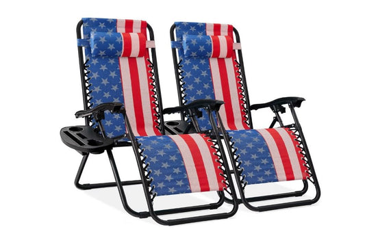 Set of 2 Adjustable Steel Mesh Zero Gravity Lounge Chair Recliners w/Pillows and Cup Holder Trays - American Flag