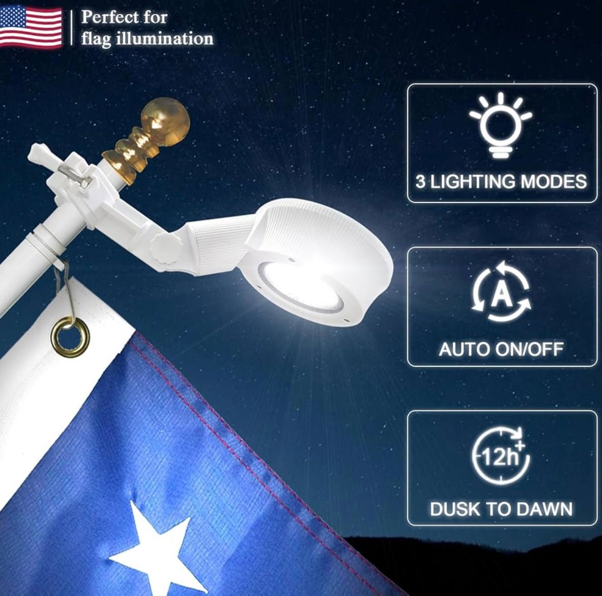 Solar Flag Pole Light, Bright White 6000k Flagpole Light Upgrade Solar Powered for 5ft 6ft Flag Pole,Tri-Color Solar flagpole Lights,Outside House Garden Yard American Flags Decor (White)