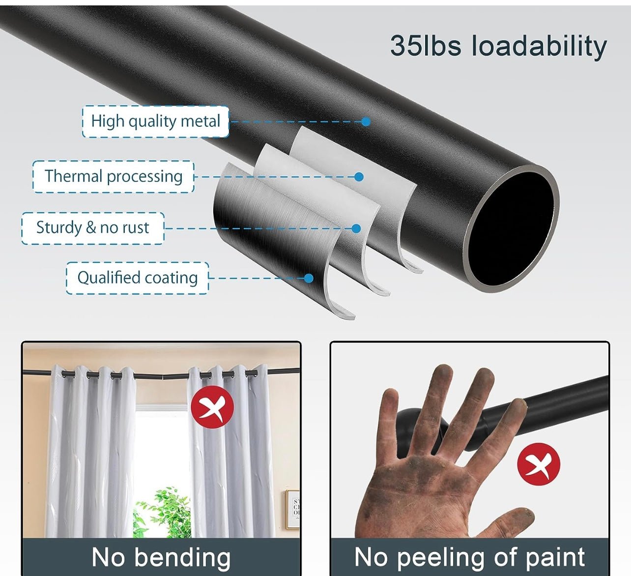 Yardistry/Discovery Gazebo Outdoor 4 Single Curtain Rods, 1 Inch Industrial Curtain Rod, Curtain Rods for Windows 72to144Stainless Steel Black Curtain Rod, Rust Resistant for Indoor/Outdoor Use