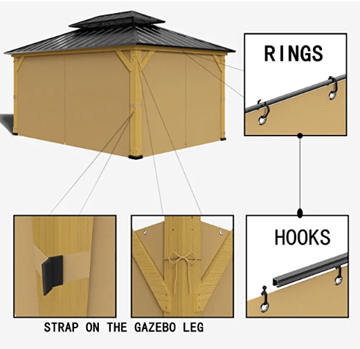 12-ft x 12-ft Wood or Metal Gazebo Curtains, Privacy Sidewall Set 4-Panel Universal Replacement Shade Curtains Set, Protecting Side Walls (Only Curtain)-Khaki