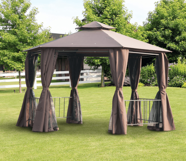 13' x 13' Outdoor Patio Gazebo Canopy Pavilion with Removable Mesh Netting, Curtains, Double Tiered Roof, UV Protection & Large Floor Space Coffee Hexagon