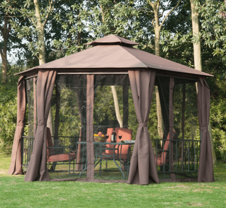 13' x 13' Outdoor Patio Gazebo Canopy Pavilion with Removable Mesh Netting, Curtains, Double Tiered Roof, UV Protection & Large Floor Space Coffee Hexagon