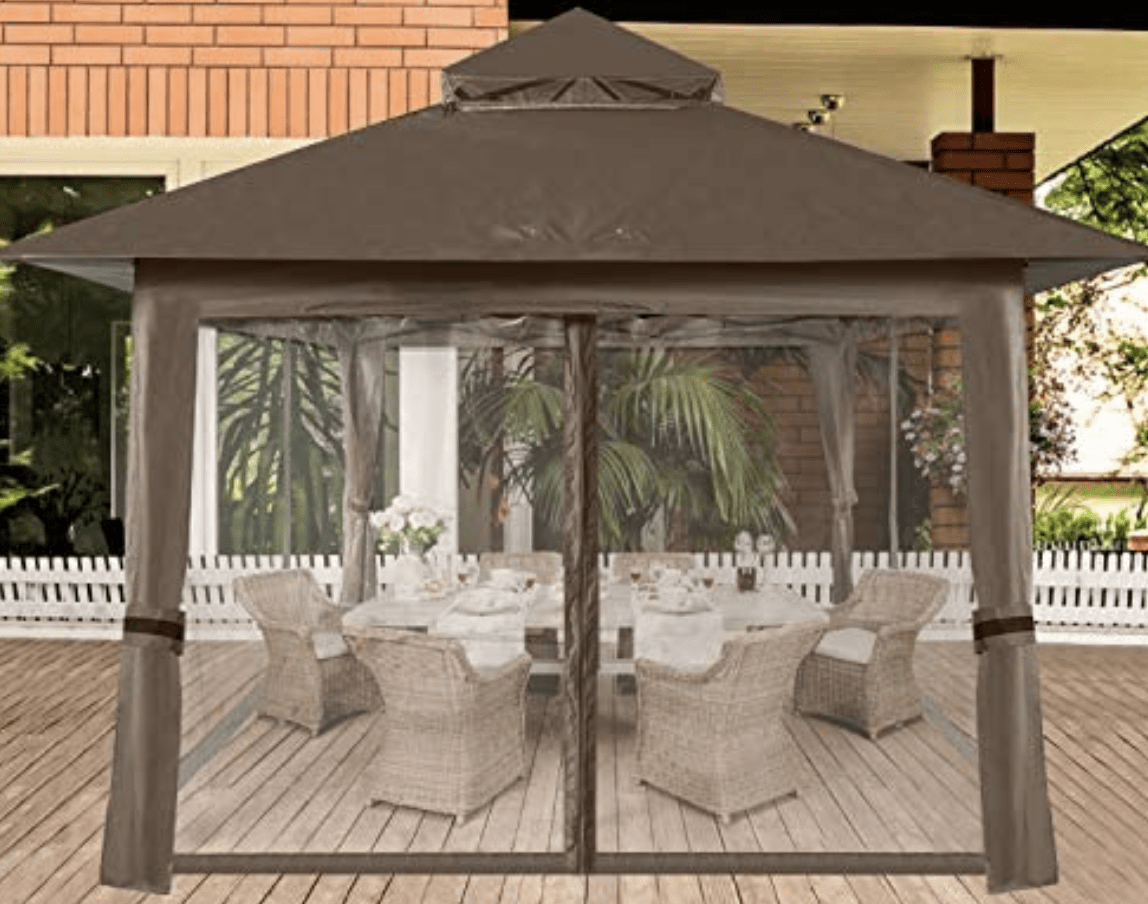 13'x13' Gazebo Tent Outdoor Pop up Gazebo Canopy Shelter with Mosquito Netting (Brown)