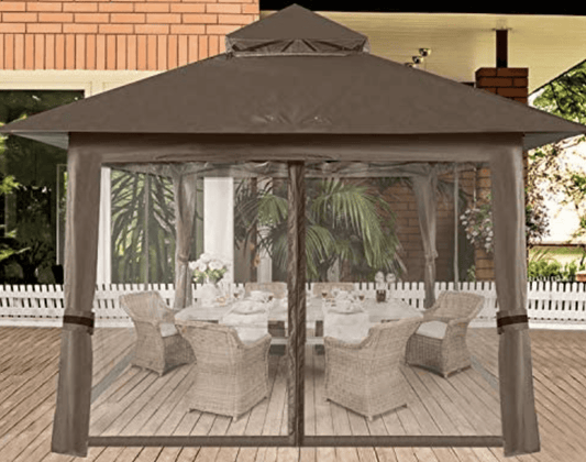 13'x13' Gazebo Tent Outdoor Pop up Gazebo Canopy Shelter with Mosquito Netting (Brown)