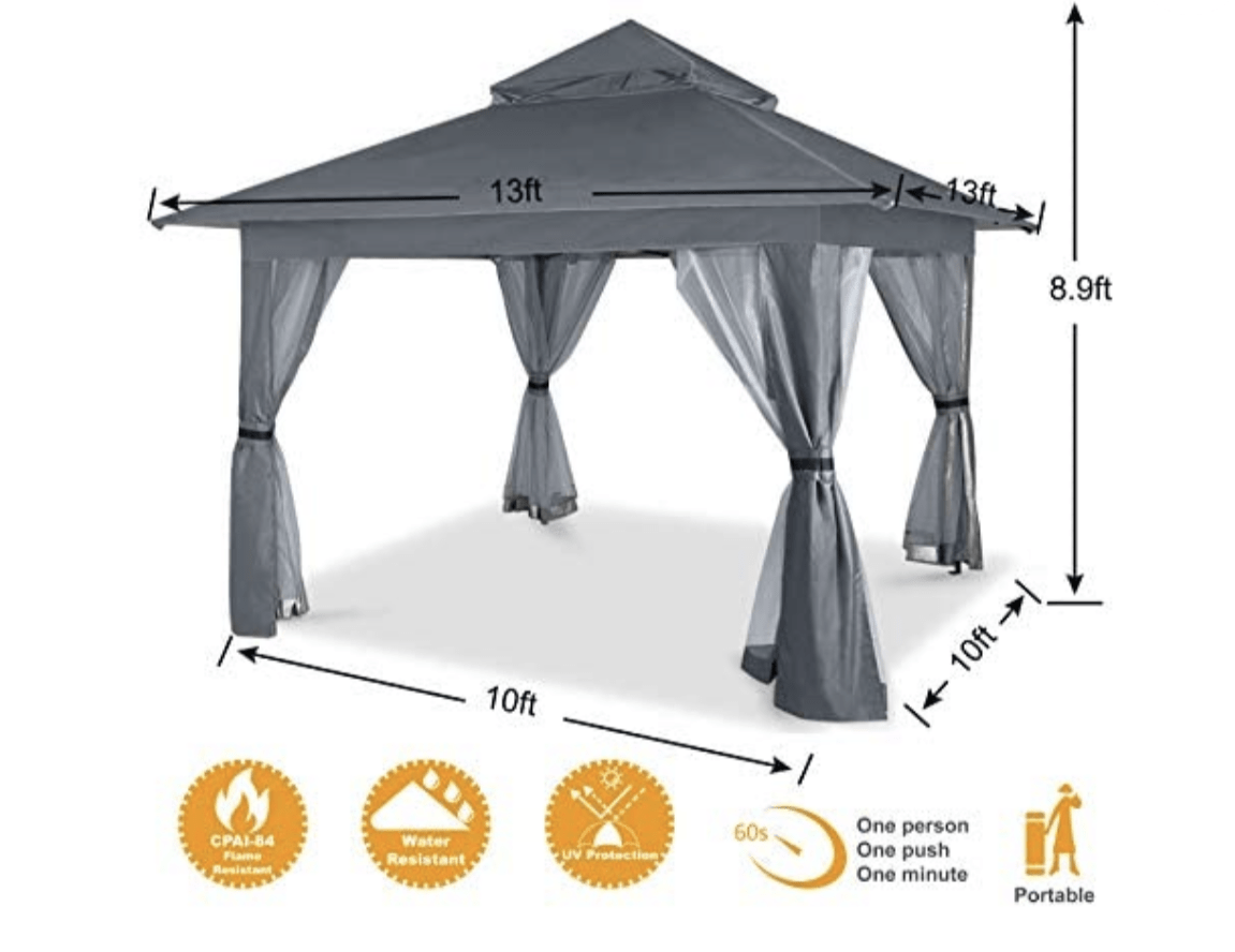 13'x13' Gazebo Tent Outdoor Pop up Gazebo Canopy Shelter with Mosquito netting (Gray)