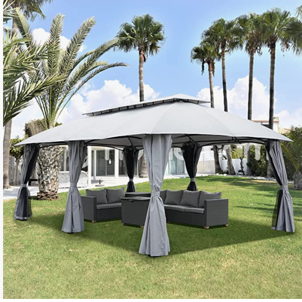 Patio 13'x20' Gazebo for Patio Double Vent Canopy with Netting and Curtains for Deck Backyard Garden Lawns