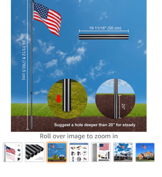 25 Ft Aluminum Black Anodized Sectional Flagpole with 3x5 Ft US Flag Gold Ball Outdoor Heavy Duty 15 Gauge