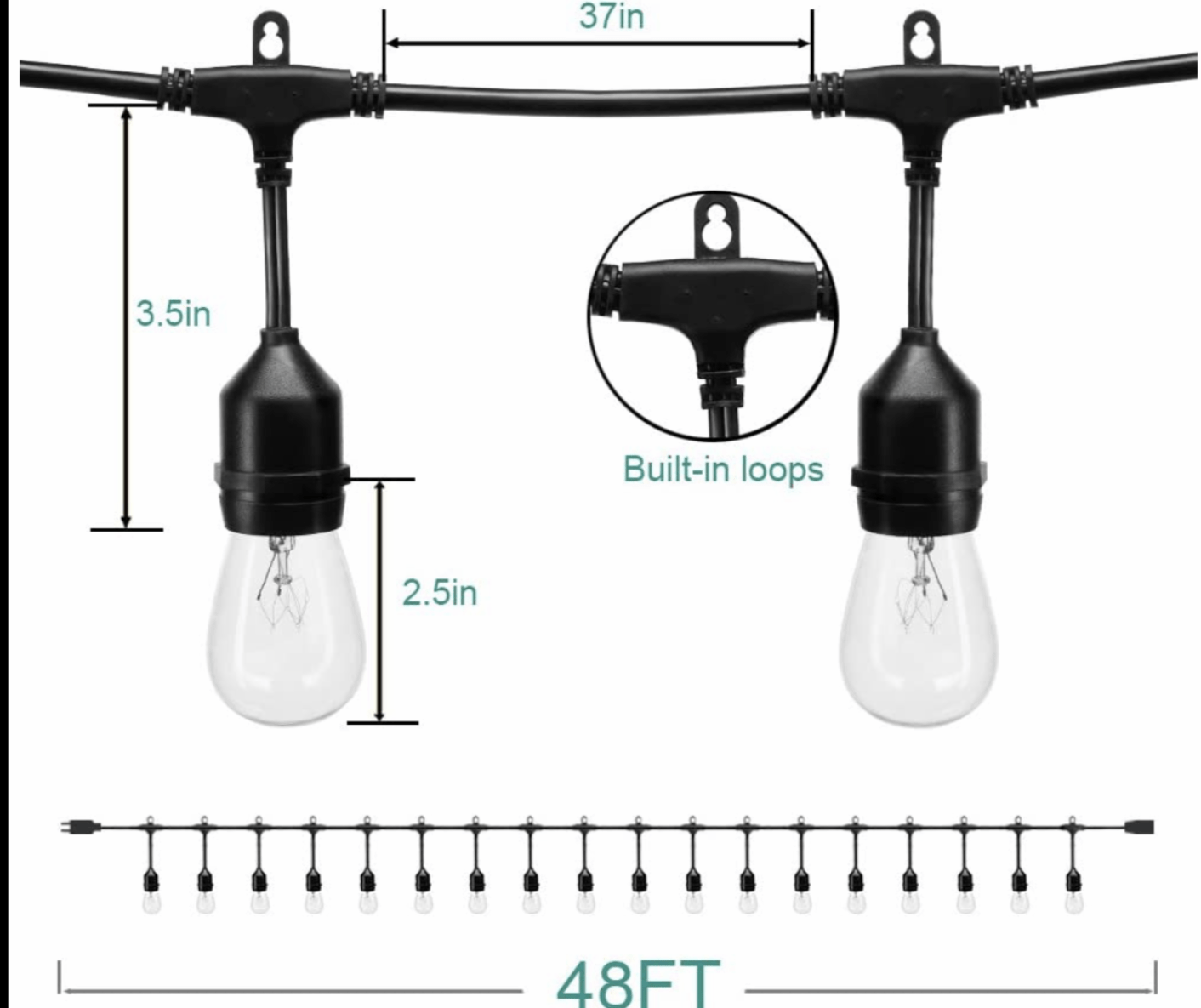 3 Pack 48 FT Outdoor String Lights Commercial Great Weatherproof Strand Edison Vintage Bulbs 15 Hanging Sockets, UL Listed Heavy-Duty Decorative Café Patio Lights for Bistro Garden