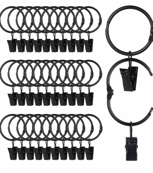 36 Pack Metal Openable Curtain Rings with Clips, Heavy Duty Rustproof Vintage Decorative Drapery Eyelet Curtain Rods Hangers Rings, 1.26 Inch Inner Diameter, Black
