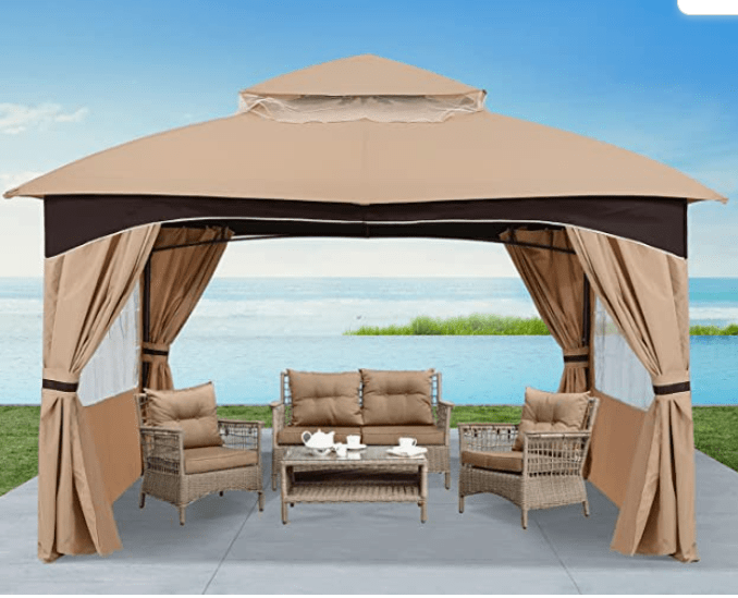 8'x8' Outdoor Gazebo, Double Roof Patio Gazebo with Shade Curtains, Beige