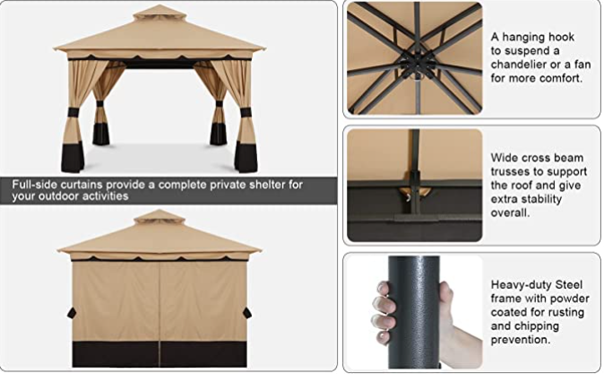 8'x8' Outdoor Gazebo, Double Roof Patio Gazebo with Shade Curtains, Beige