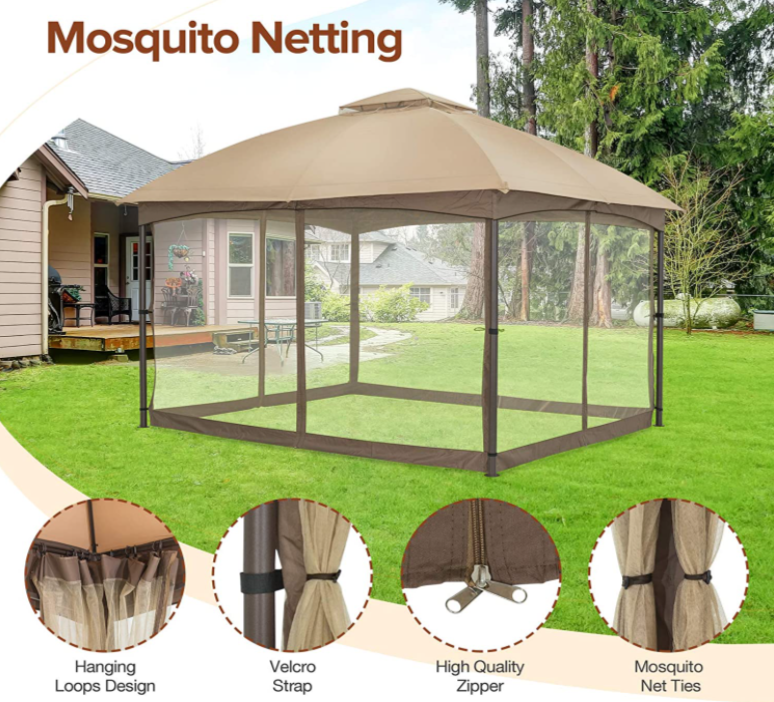 Allen and Roth inspired 10x12 Patio Dome Gazebo w/Mosquito Netting, Two-Tier Vented Top for Backyard Garden Lawn (Beige)