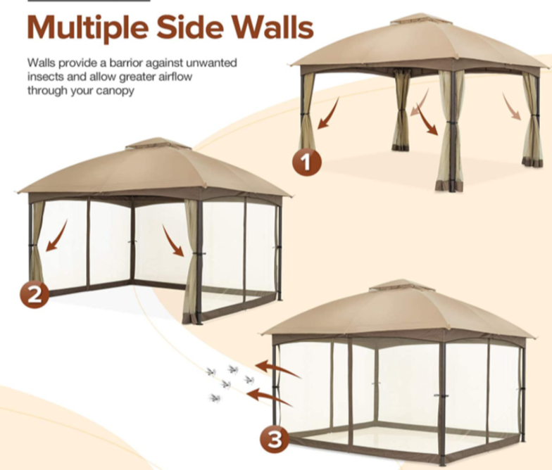 Allen and Roth inspired 10x12 Patio Dome Gazebo w/Mosquito Netting, Two-Tier Vented Top for Backyard Garden Lawn (Beige)