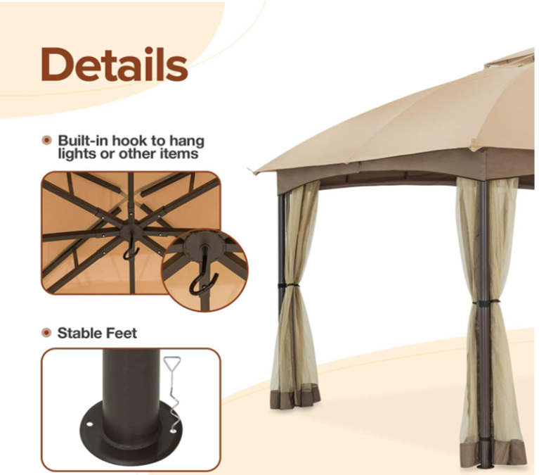 Allen and Roth inspired 10x12 Patio Dome Gazebo w/Mosquito Netting, Two-Tier Vented Top for Backyard Garden Lawn (Beige)
