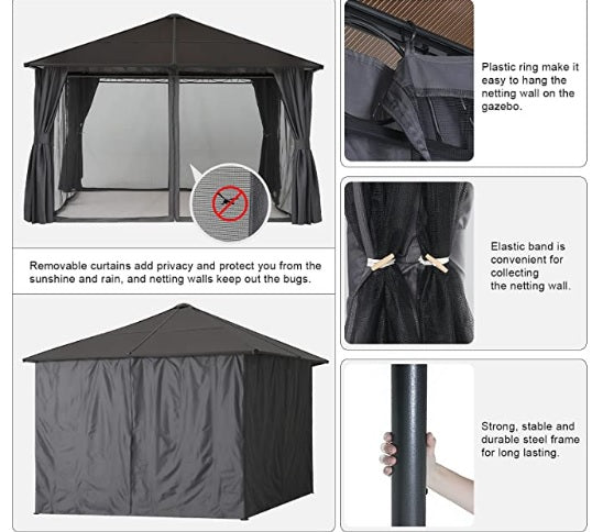 10x12 Hardtop Patio Gazebo with Curtains and Netting