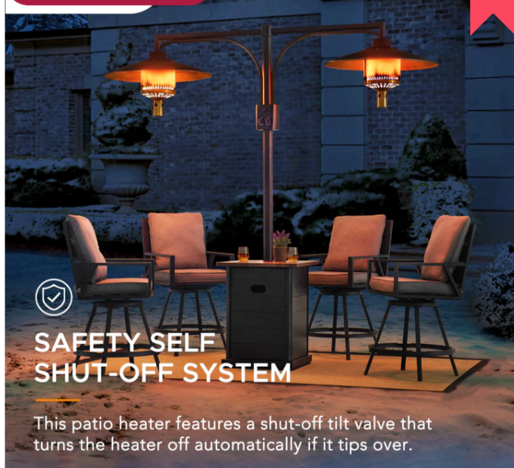 AmberCove Outdoor Patio 64,000 BTU Black Steel Propane Gas Dual Heater with Table Top for Commercial & Residential Use