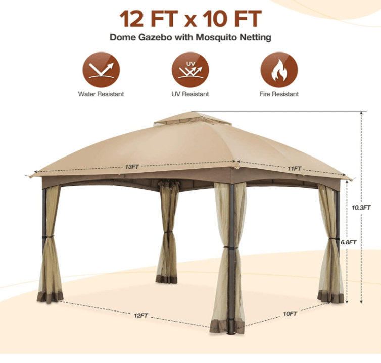 Allen and Roth inspired 10x12 Patio Dome Gazebo w/Mosquito Netting, Two-Tier Vented Top for Backyard Garden Lawn (Beige)