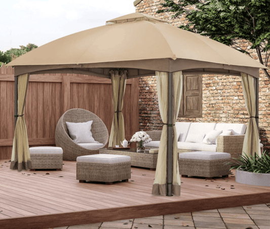 Allen and Roth inspired 10x12 Patio Dome Gazebo w/Mosquito Netting, Two-Tier Vented Top for Backyard Garden Lawn (Beige)