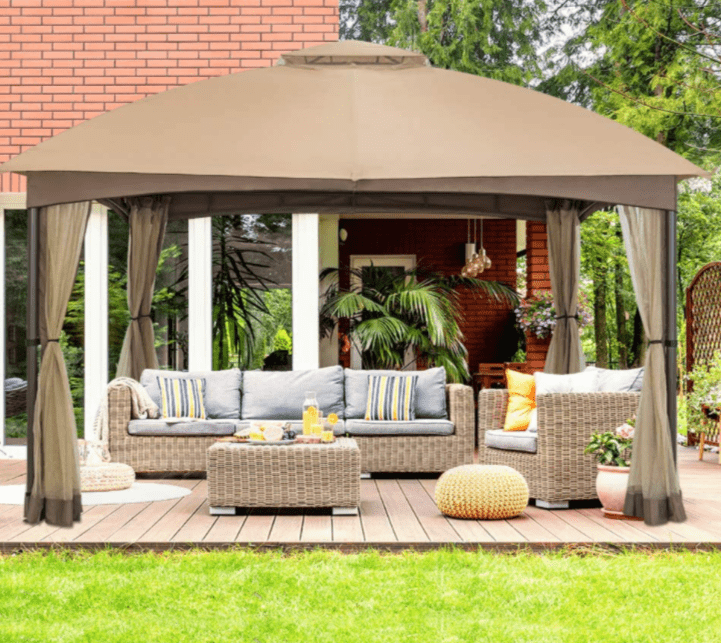 Allen and Roth inspired 10x12 Patio Dome Gazebo w/Mosquito Netting, Two-Tier Vented Top for Backyard Garden Lawn (Beige)