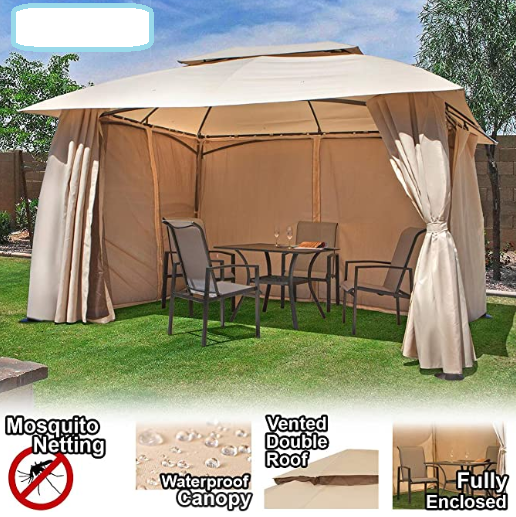 10' x 13' ft Garden Patio Gazebo Fully Enclosed All-Season w/Mosquito Netting and Curtains -Beige