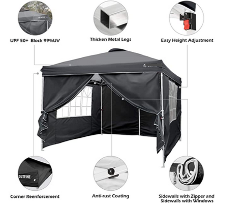 Canopy 10'x10' Pop Up Commercial Instant Gazebo Tent, Fully Waterproof, Outdoor Party Canopies with 4 Removable Zippered Sidewalls, Stakes x8, Ropes x4 (Black, 10x10FT)