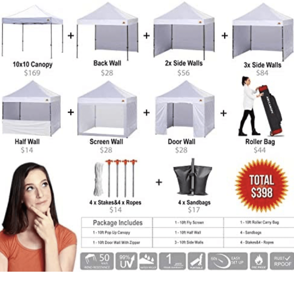 tent stalls Canopy 10x10 Pop Up Canopies Commercial Tents Market stall with 6 Removable Sidewalls and Roller Bag Bonus 4 Weight Bags and 10ft Screen Netting and