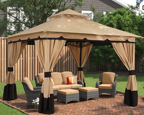 8'x8' Outdoor Gazebo, Double Roof Patio Gazebo with Shade Curtains, Beige