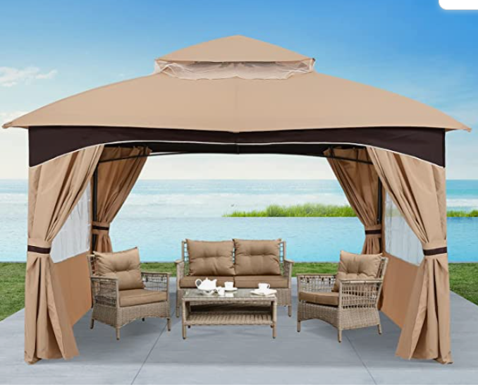 8'x8' Outdoor Gazebo, Double Roof Patio Gazebo with Shade Curtains, Beige