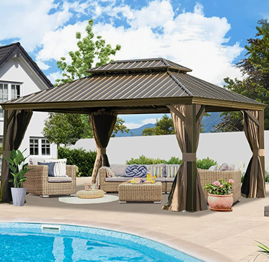 12' x 16' Hardtop Gazebo Outdoor Aluminum Gazebos Grill with Galvanized Steel Double Canopy for Patios Deck Backyard,Curtains&Netting by domi outdoor living