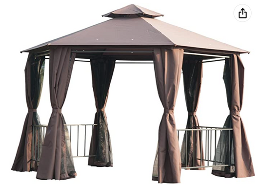 13' x 13' Outdoor Patio Gazebo Canopy Pavilion with Removable Mesh Netting, Curtains, Double Tiered Roof, UV Protection & Large Floor Space Coffee Hexagon