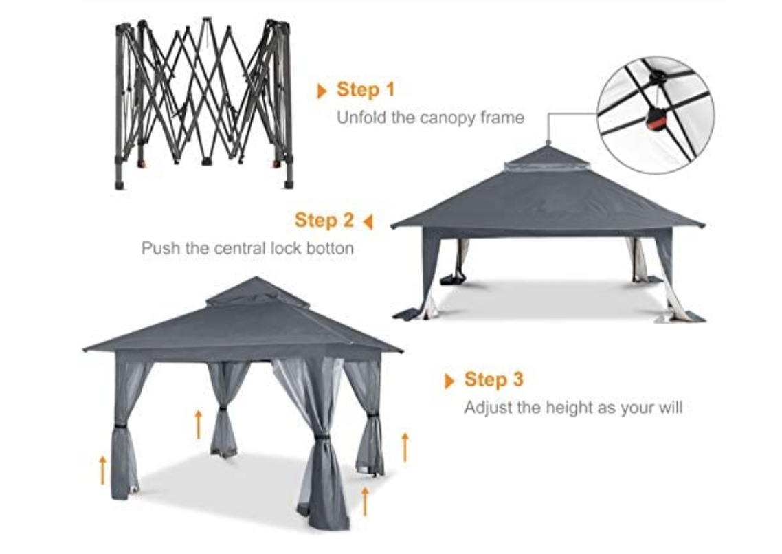 13'x13' Gazebo Tent Outdoor Pop up Gazebo Canopy Shelter with Mosquito netting (Gray)