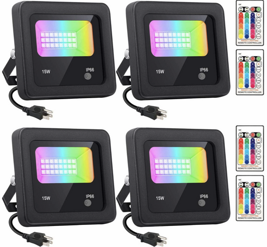 GPD LED Flood Lights with Remote Control, 4 Pack 15W IP66 Waterproof Dimmable Led Landscape Lighting, 16 Colors 4 Modes Indoor Outdoor Wall Washer Spot Light Stage Light