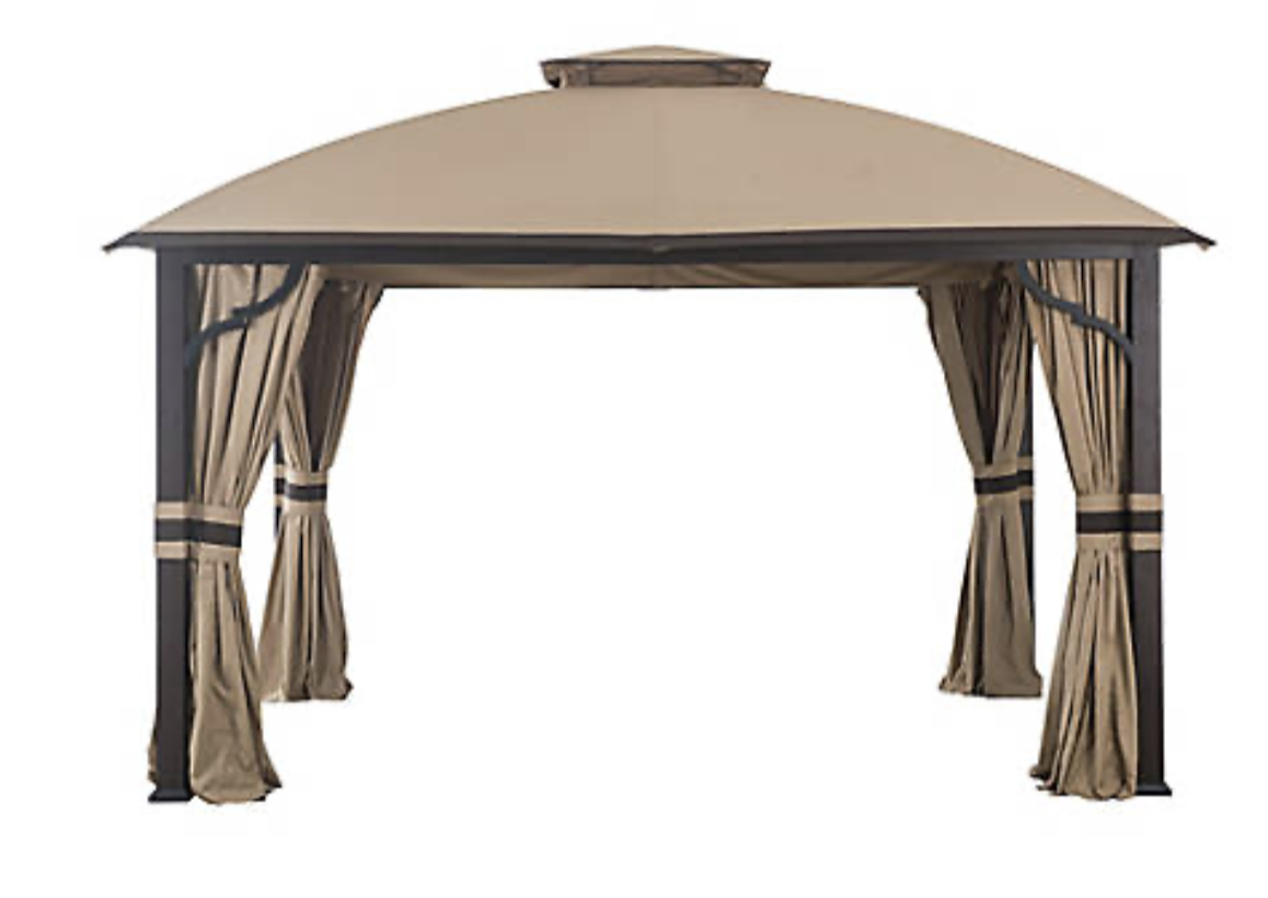 Brown and beige 12' x 10' Fabric Top Gazebo with screen and privacy curtain
